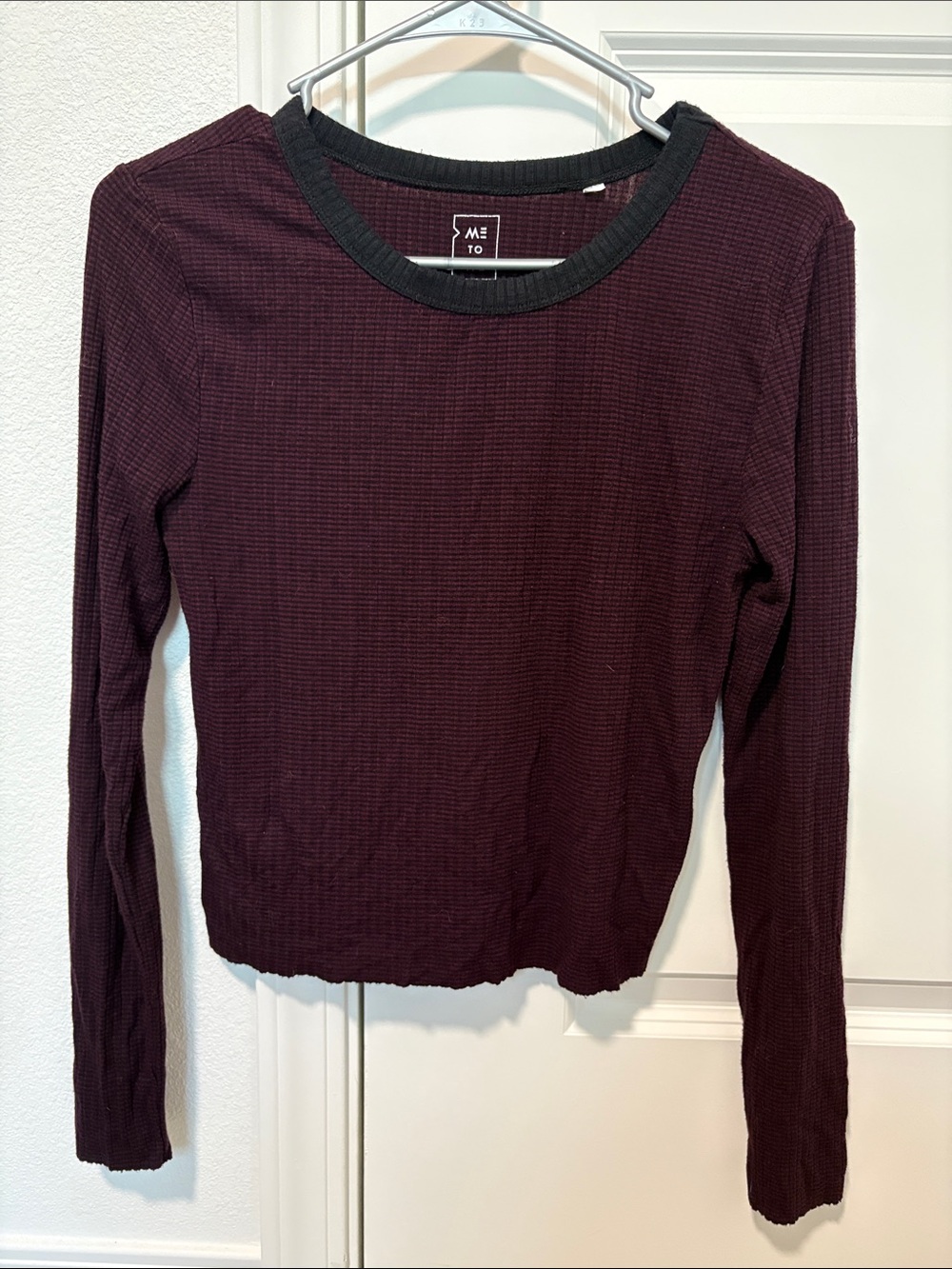 Me to We Long Sleeve Ribbed Crewneck Striped Top Deep Burgundy and Black